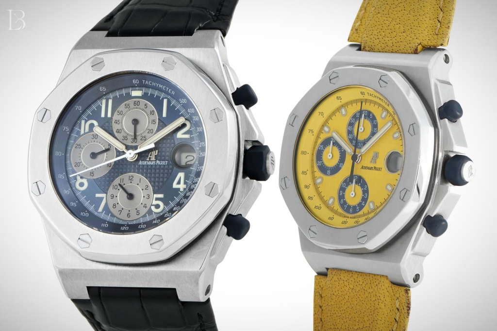 Audemars Piguet Royal Oak Offshore Chronograph ref. 25770ST.OO.A001KE.01 (left) and 25770ST.OO.D009XX.02 (right)