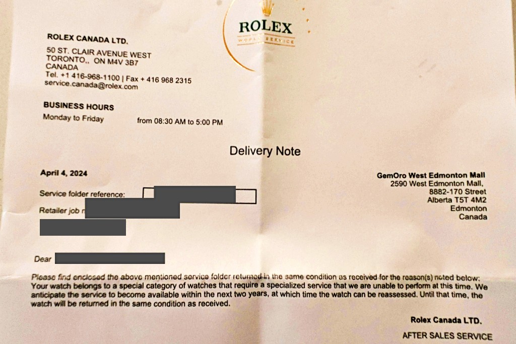 Rolex Service Letter
