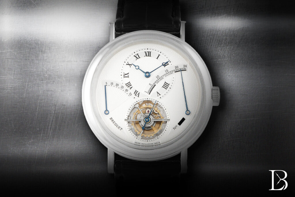 This Breguet platinum watch features an enamel dial and a flying tourbillon