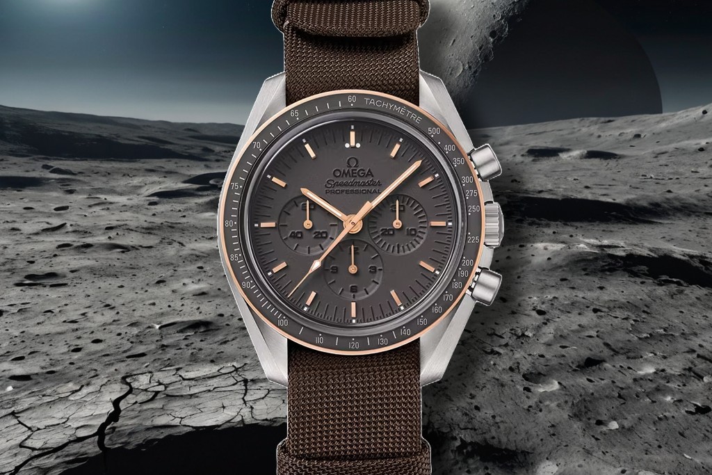 The Apollo 11 50th Anniversary watch is a two-tone Omega Speedmaster Professional with an all-steel bracelet