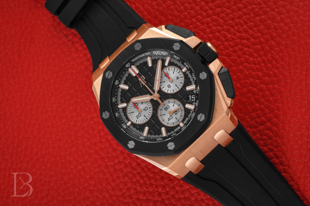 Ref. 26420RO is a rose gold Audemars Piguet Royal Oak Offshore with a ceramic bezel