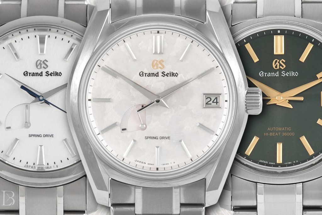 Grand Seiko dial textures: Snowflake, Cherry Blossom/Lion's Mane, and Rikka