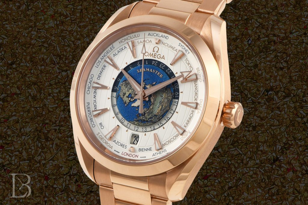 Aqua Terra World Timer made from Omega's proprietary rose gold alloy, Sedna Gold