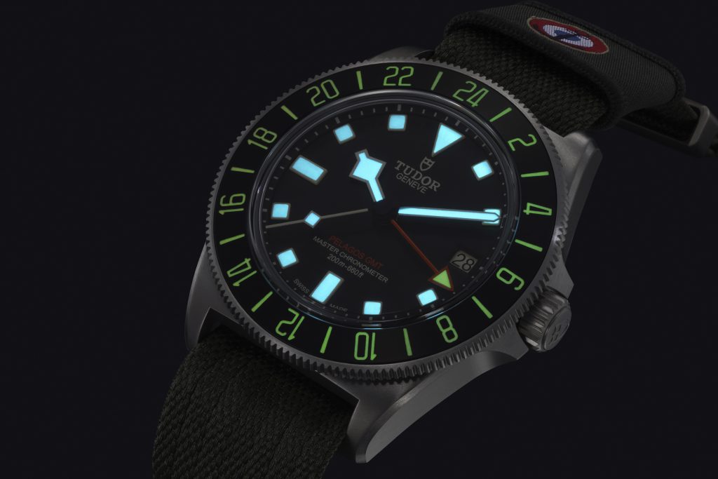 The Tudor Pelagos FXD GMT has two-tone lume
