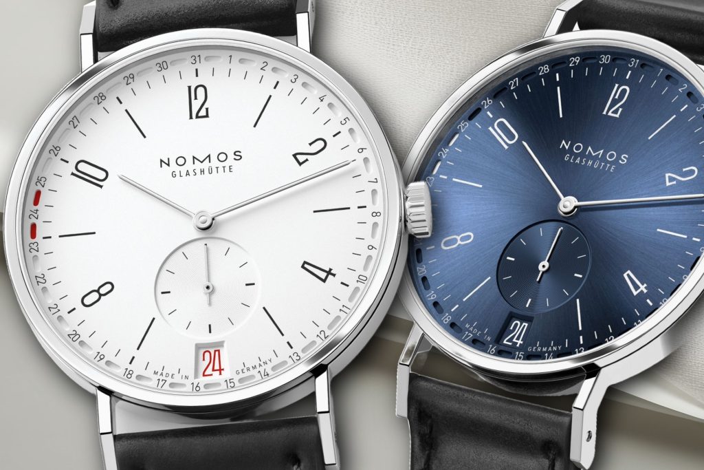 The Nomos Tangente 2Date is available with white or blue ("blau") dials.