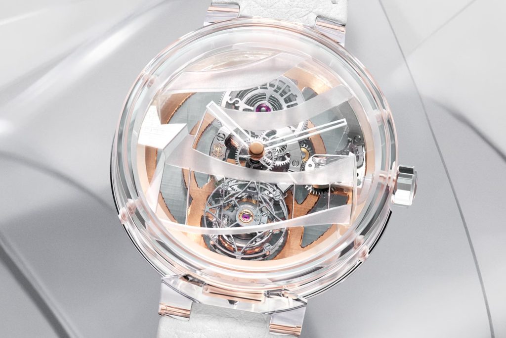 Louis Vuitton x Frank Gehry Tambour Moon Flying Tourbillon Poinçon De Genève Sapphire, a stunning example of the 2024 luxury watch trend of artist collabs