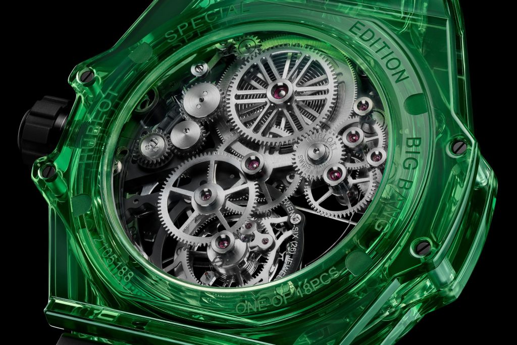 Movement shot of a 2025 Hublot release: Big Bang Tourbillon Automatic Green SAXEM Ref. 429.JG.0110.RT Black Rubber Strap