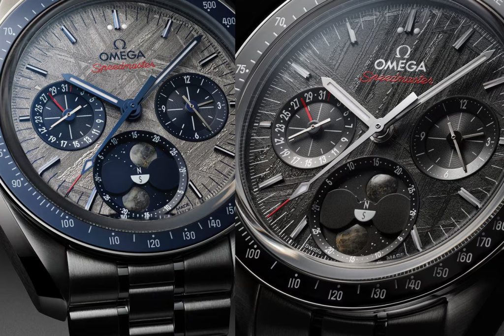 Omega Speedmaster Moonphase Meteorite ref. 304.30.43.52.06.001 (left) and 304.30.43.52.01.001 (right)