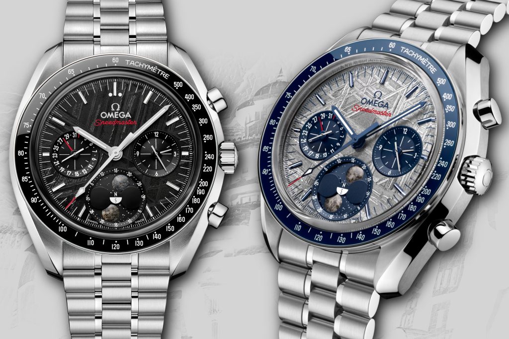 Omega Speedmaster Moonphase Meteorite ref. 304.30.43.52.01.001 (left) and 304.30.43.52.06.001 (right)