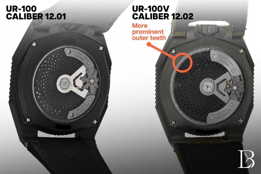 Urwerk UR-100 vs. UR-100V movement comparison