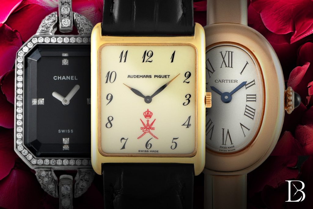 Valentine's Day Watches 2025 - Chanel Premier Baguette, Audemars Piguet vintage tank watch, and Cartier Baignoire