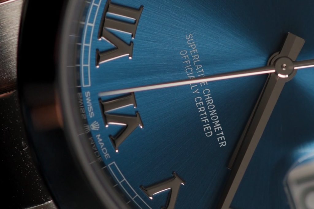 The azzurro-blue dial of a Datejust 41 ref. 126300 model up close