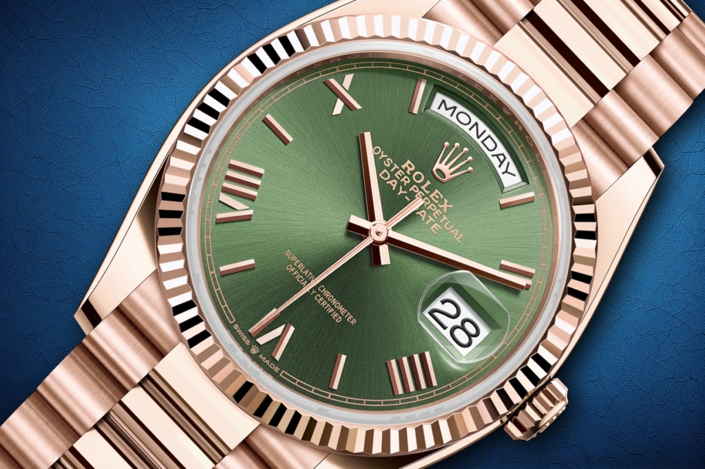 2025 rose gold Day-Date Rolex with olive green dial
