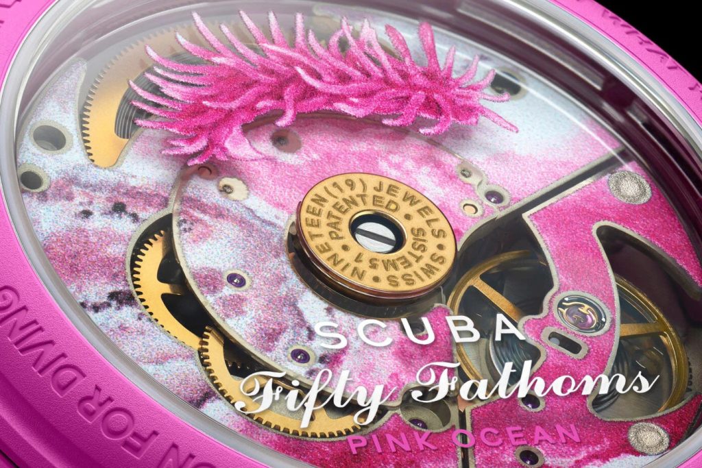 The Sistem51 movement powers the Blancpain x Swatch Pink Ocean Scuba Fifty Fathoms. Image: Swatch