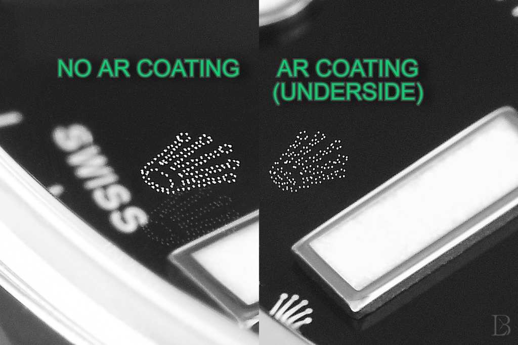 Rolex laser-etched crown with and without AR coating