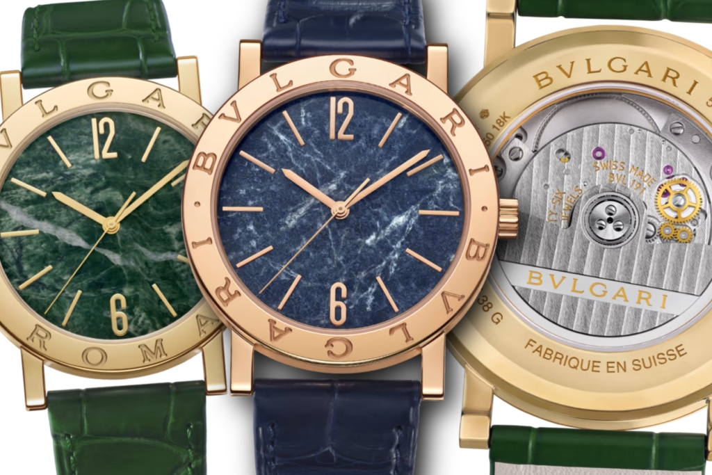 Ref. 104112 with Verdi Alpi green marble dial and 104113 with Blu Incanto marble dial