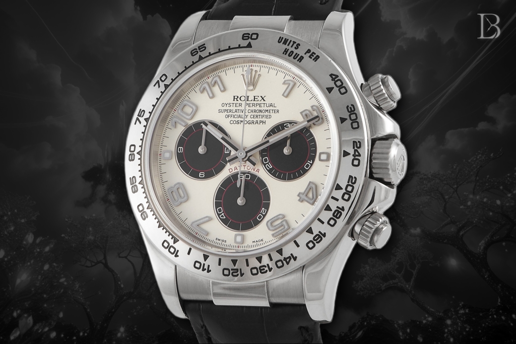 Rolex Daytona with racing dial and leather strap is worth about $25,000