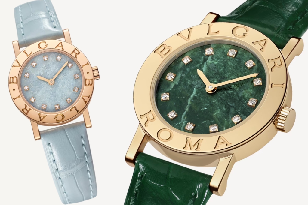 Ref. 104111 with Verde Alpi green marble dial and 104191 with icy blue marble dial