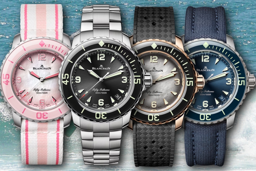 2025 Blancpain Fifty Fathoms 38.2mm models shown with all four watchband types