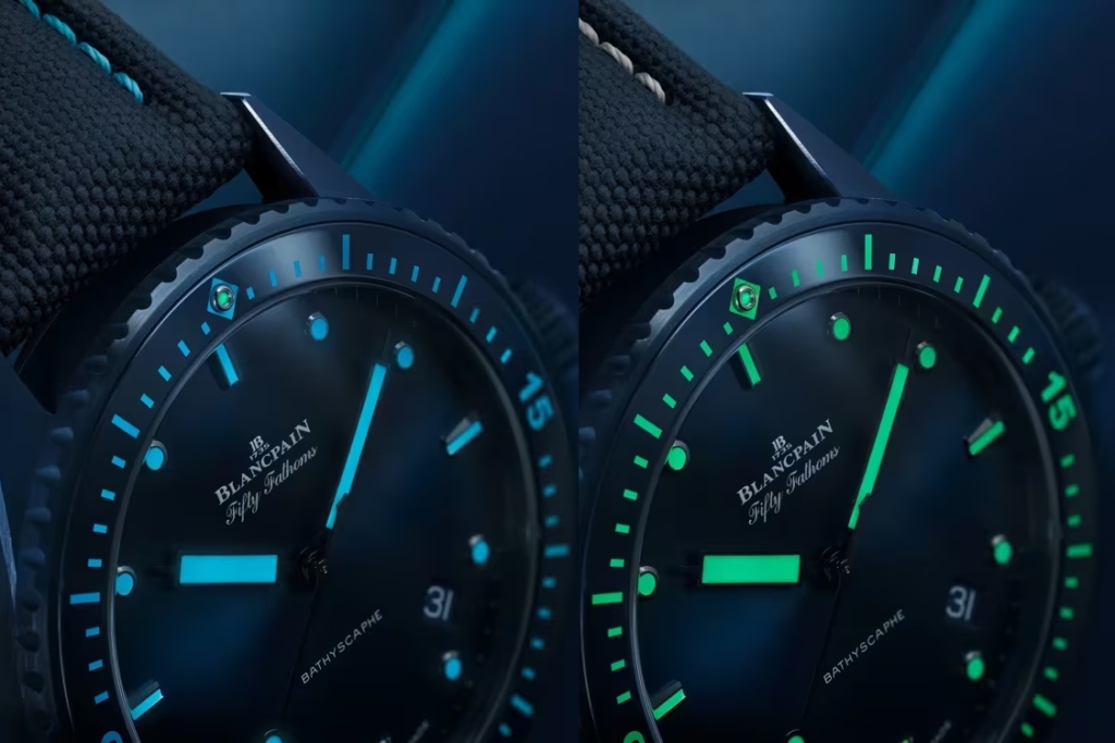 Lume shots of both colorways of the 2025 Blancpain Fifty Fathoms Bathyscaphe Blue Abyss