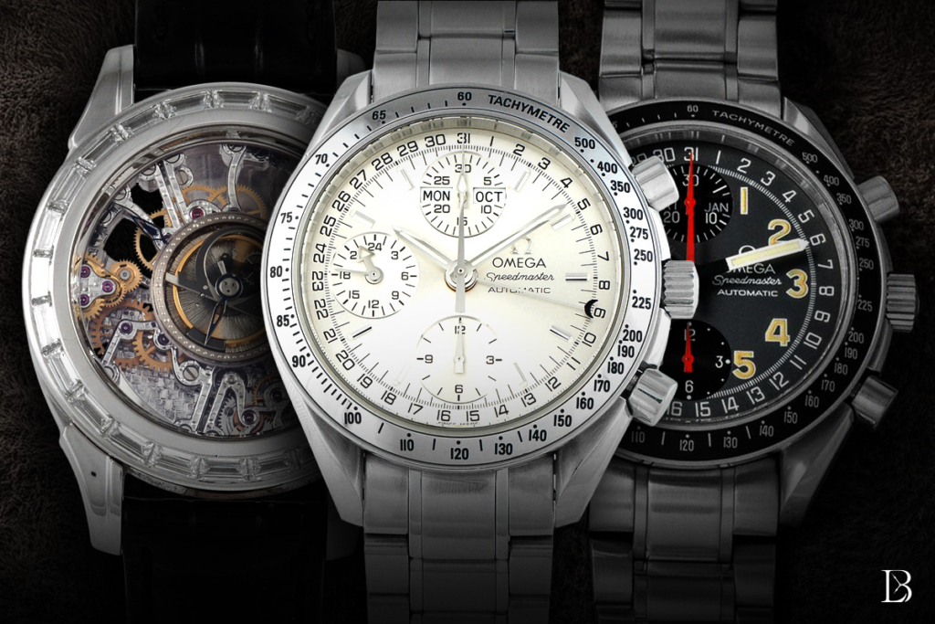 Omega's lineup no longer includes skeleton watches like the De Ville Tourbillon on the left, nor triple dates like the two Speedmasters on the right.