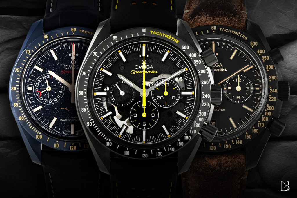 Three different Omega Dark Side of the Moon Speedmaster models