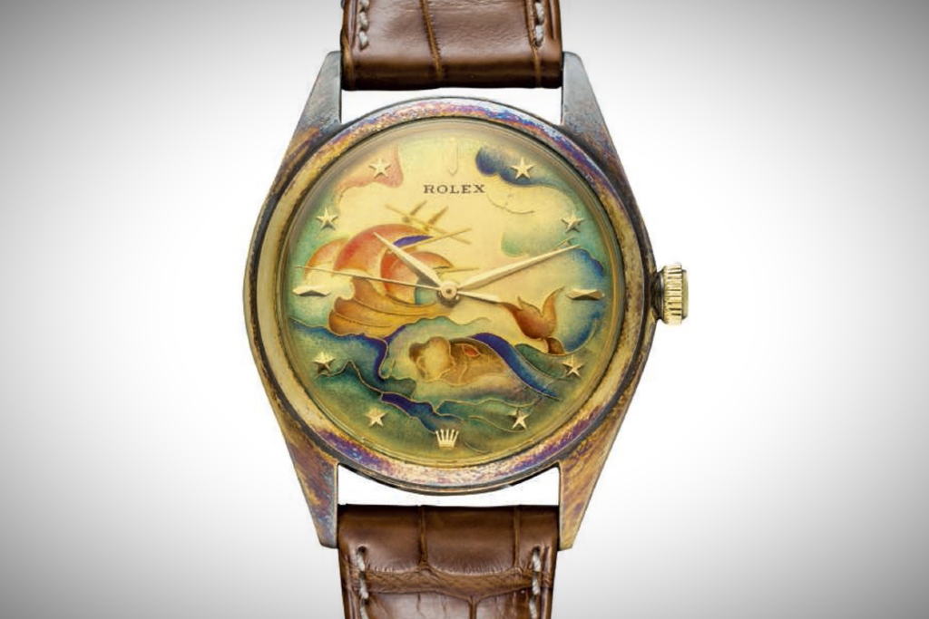 The most expensive cloisonné dial Rolex ever sold is the 1949 Rolex Oyster Perpetual depicting a whale and frigate, created by Marguerite Koch