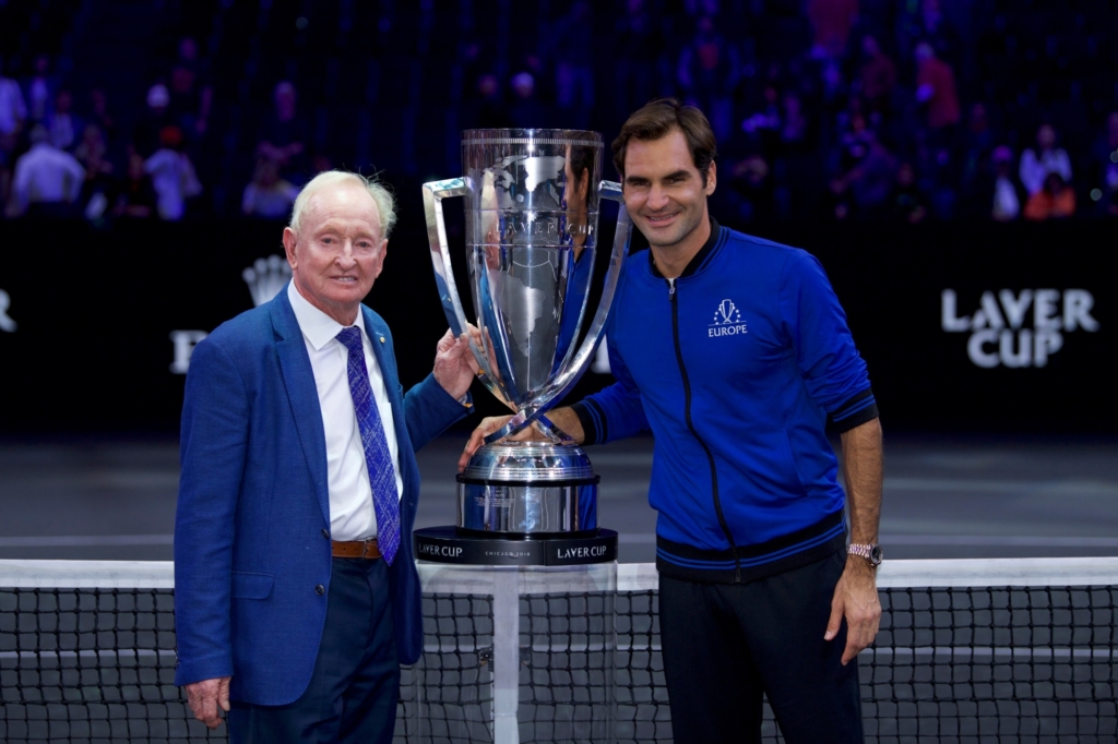 Rod Laver and Roger Federer, wearing an Olive Rolex DD40