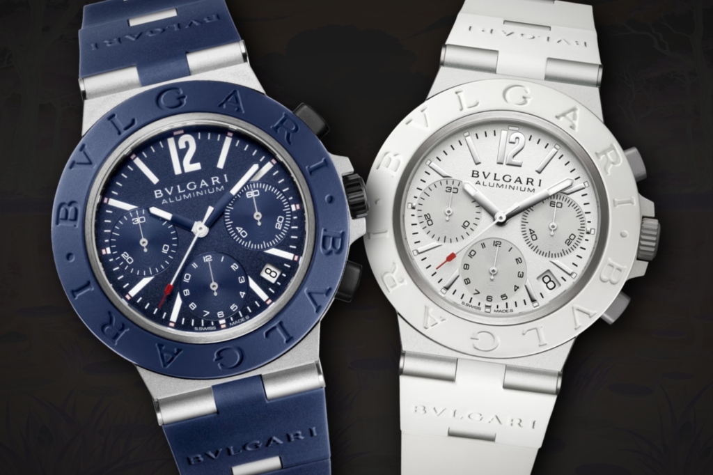 Blue and white versions of the Bulgari Aluminium Chronograph, released in 2025