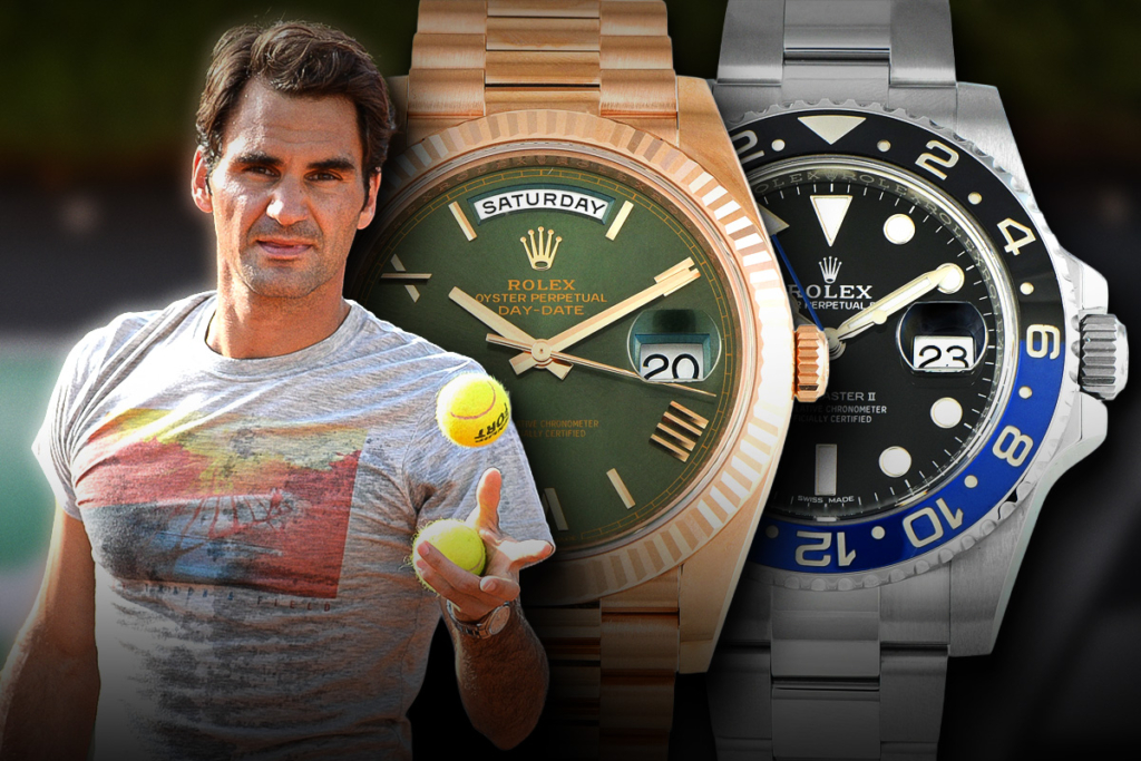Roger Federer and two of his Rolex watches