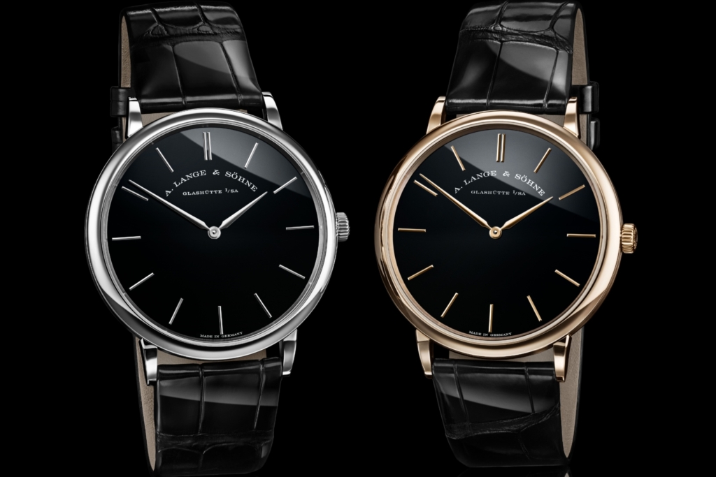 October 2025 A Lange & Söhne releases: Saxonia Thin Onyx in platinum (left) and Honeygold (right)