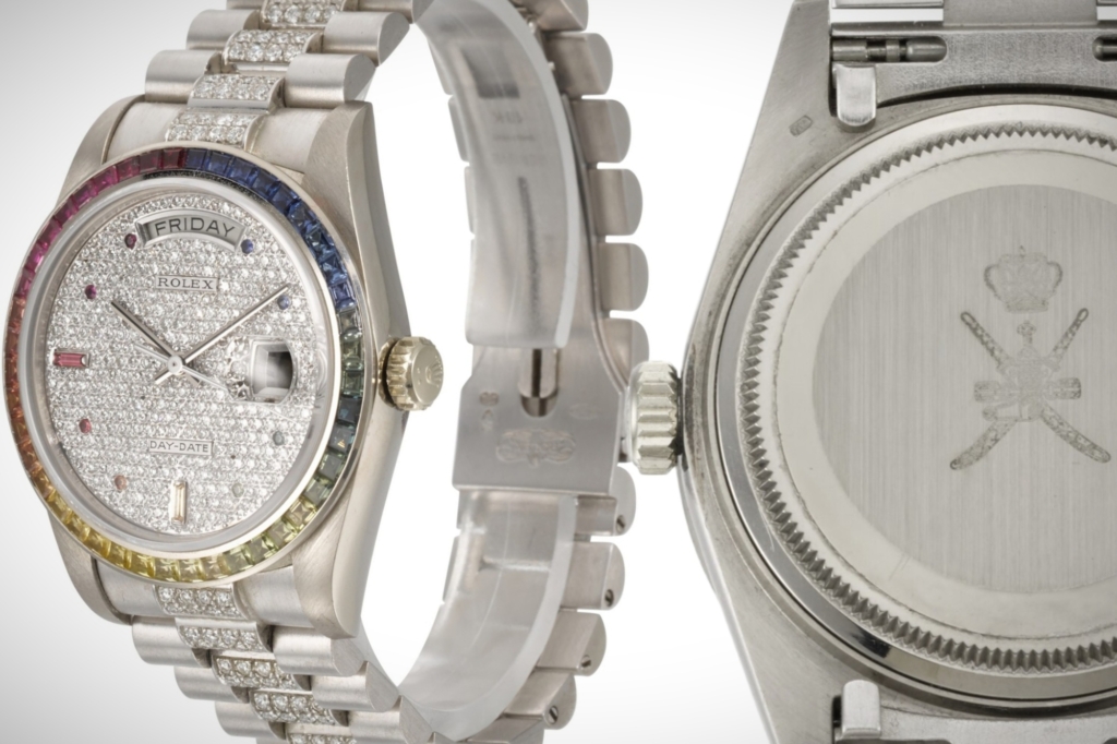 The most expensive Rolex Day-Date ever sold (so far) is the Rainbow Khanjar 18059