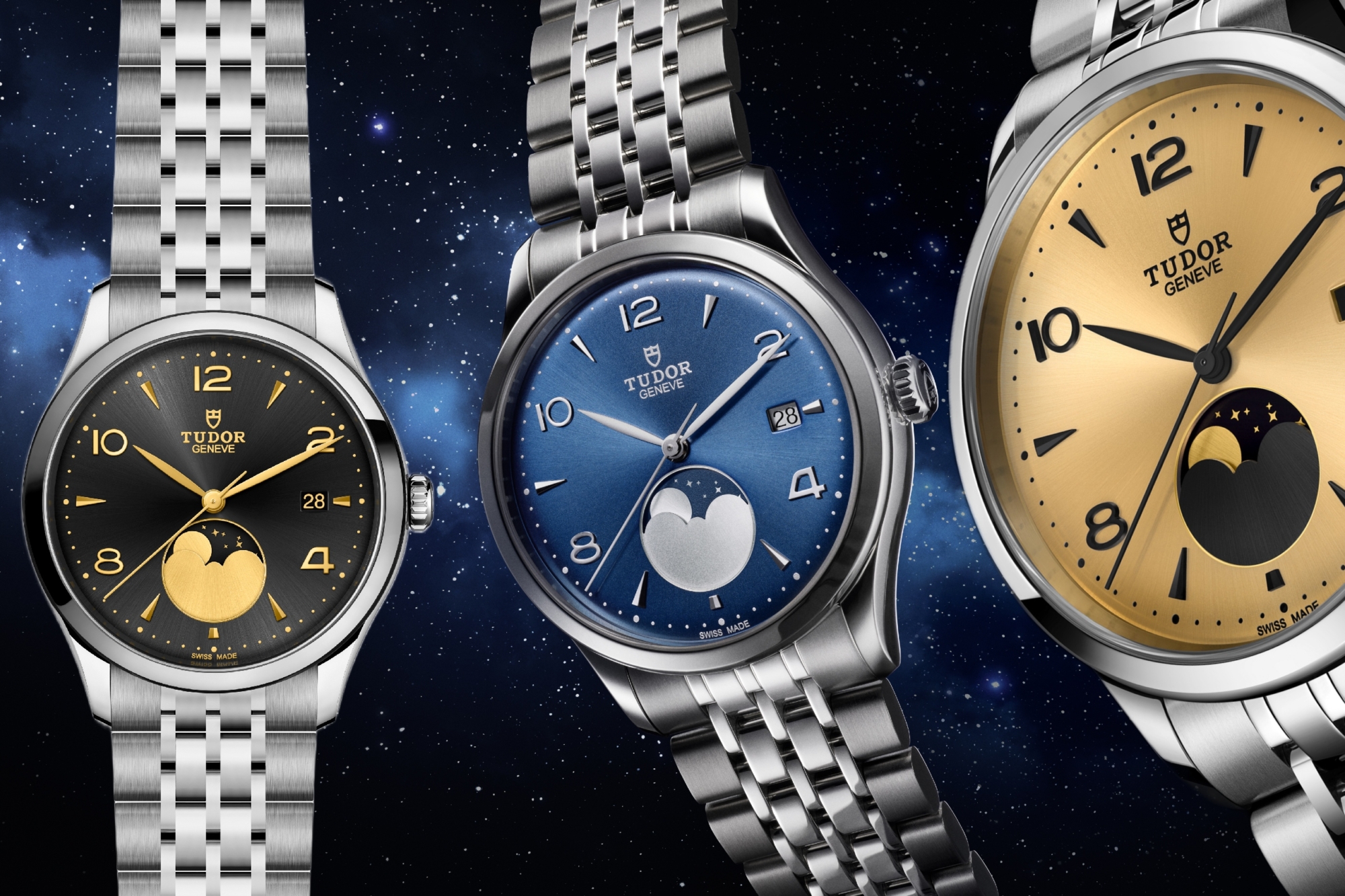 Tudor's first moonphase watch, the 1926 Luna, in three colors