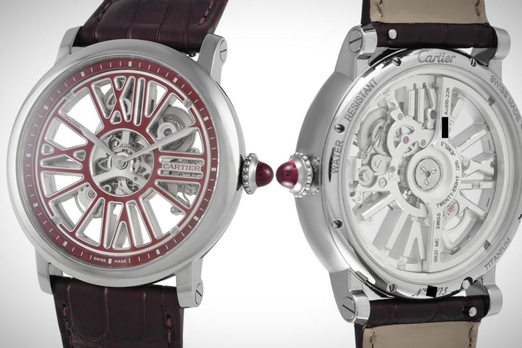 Ref. WHRO0047 is a beautiful skeletonized Cartier with red enamel accents