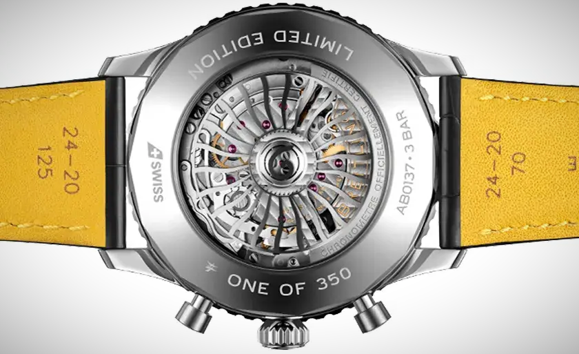 The rear view of the Navitimer Swiss Air Edition is meant to mimic an Airbus 350 engine.