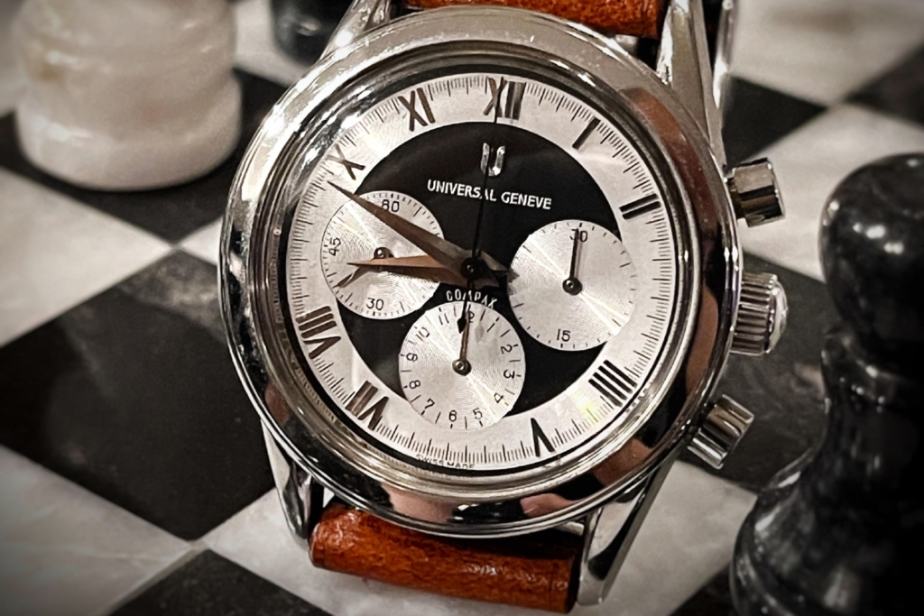 "Tuxedo reverse panda" dial option on Universal Geneve ref. 884.480 from the 1990s. Photo by @cucalichronoguy