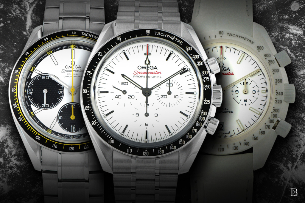 Three very different Omega Speedmasters with white dials