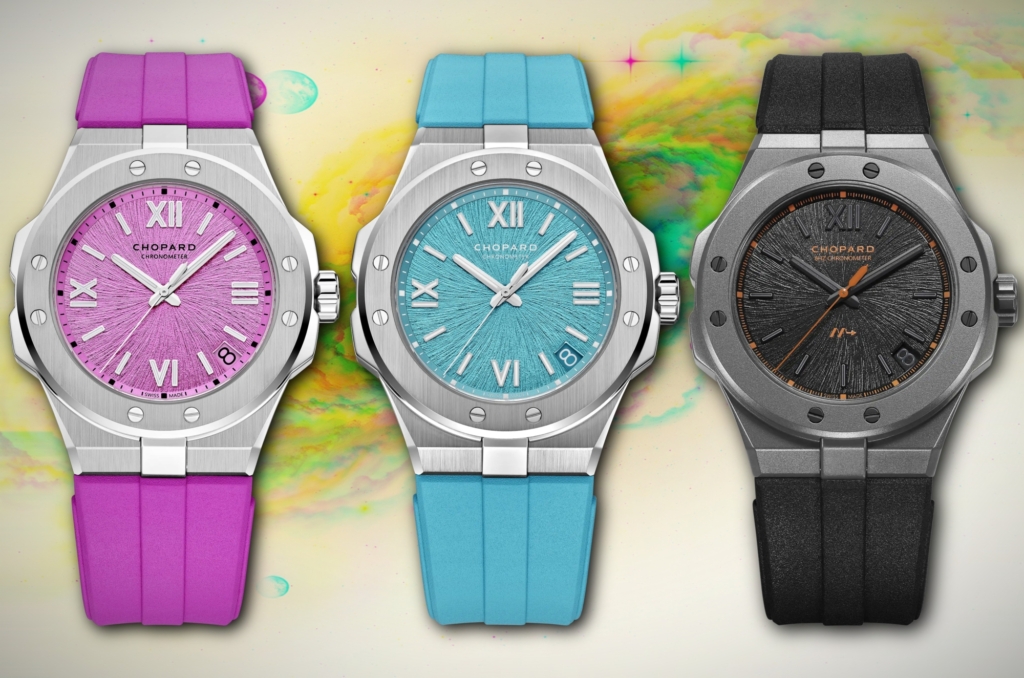 Three Chopard Alpine Eagle 41 Limited Editions: Rock Jasmine Beach Edition, Maritime Blue Beach Edition, and SL Cadence 8HF