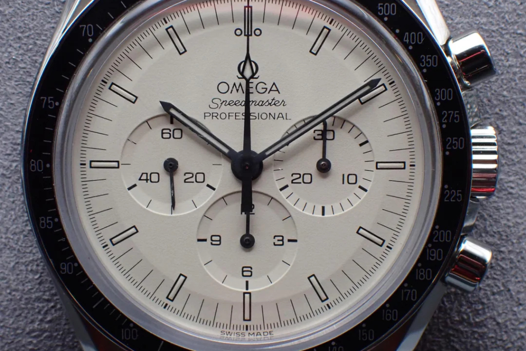 The Omega Speedmaster "Italian Albino" has a creamy off-white dial