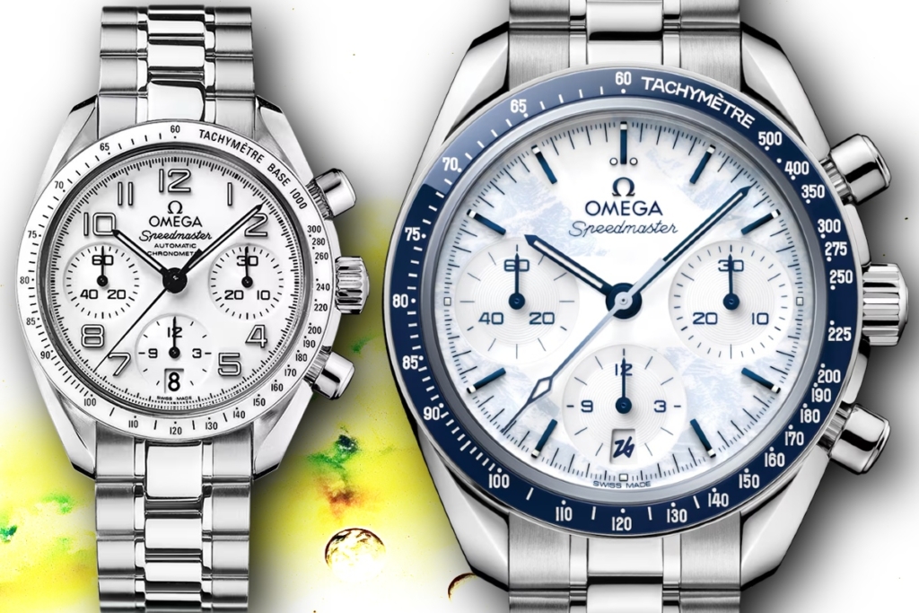 Ref. 324.30.38.40.04.001 (left) and 522.30.38.50.04.001 (right) are the only 38mm Speedmasters with true white dials