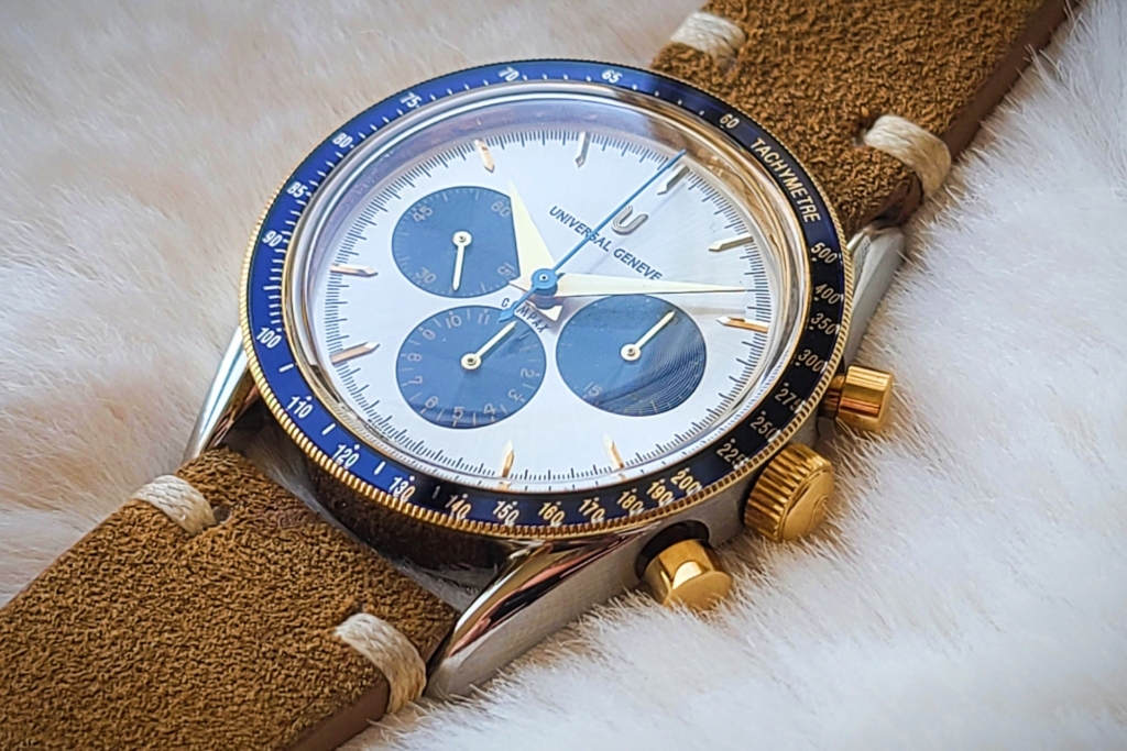 Two-tone 1990s Universal Geneve Baby Nina chronograph with blue insert/subdials