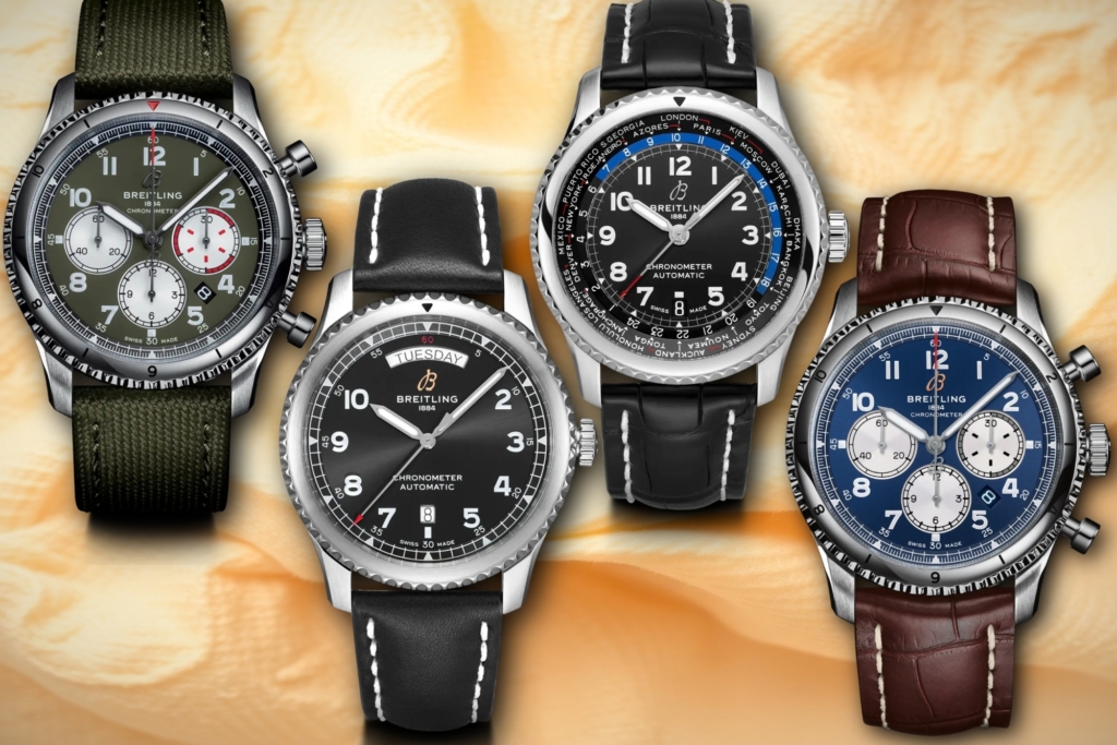 Breitling Aviator 8 B01 Chronograph 43 Curtiss Warhawk ref. AB01192A1L1X1, Aviator 8 Automatic Day & Date 41 ref. A45330101B1X1, Aviator 8 B35 Automatic Unitime 43 ref. AB3521U41B1P1, and and Aviator 8 B01 Chronograph 43 ref. AB0119131C1P2