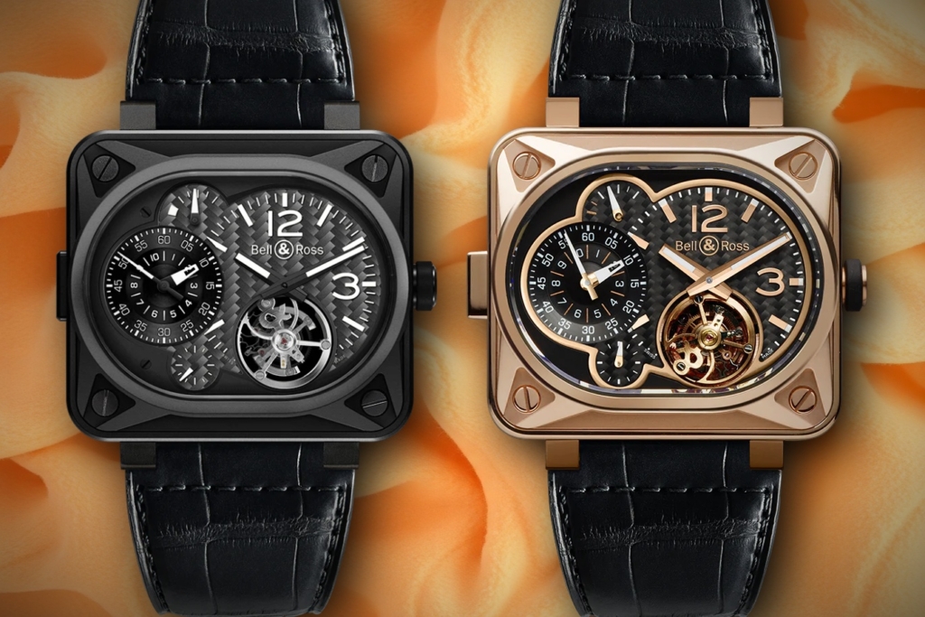 The Bell & Ross Minuteur Tourbillon was offered in titanium (left) or rose gold (right)