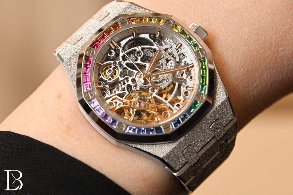 Audemars Piguet Royal Oak Frosted Gold Double Balance Wheel Openworked ref. 15468BC.YG.1259BC.01 wrist shot