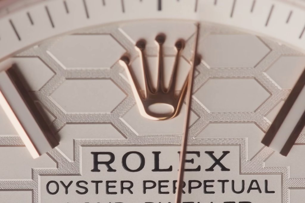 The laser-etched honeycomb dial pattern up close