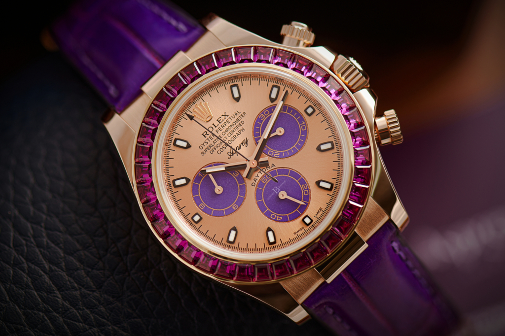Rolex Daytona with purple gem bezel customized by Asprey