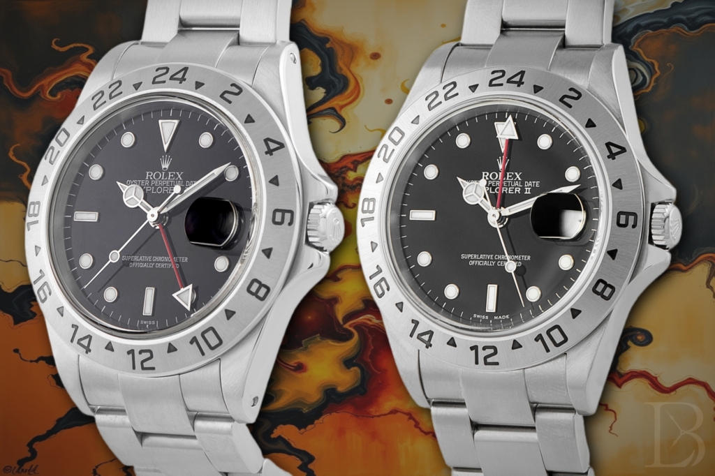 Two black Rolex Explorer II ref. 16570 models