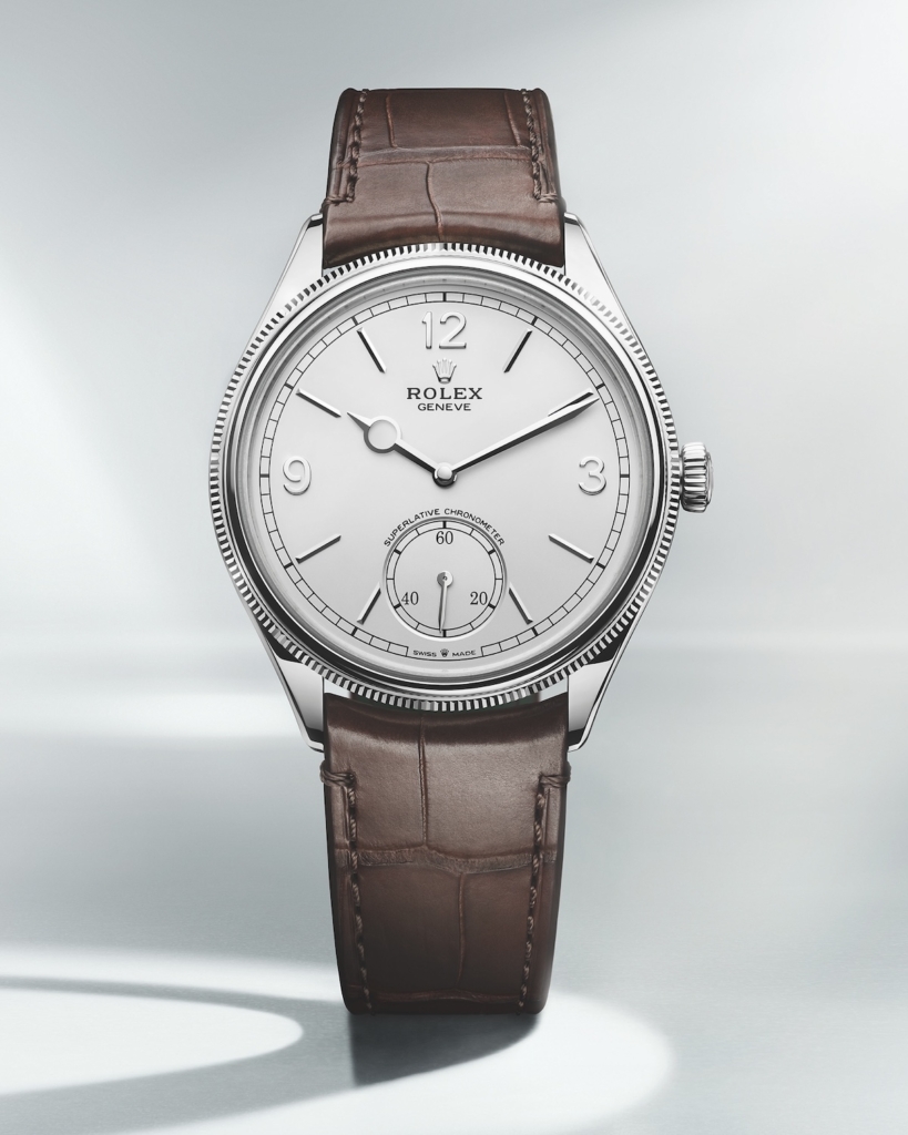 1908 Perpetual in white gold with a brown strap
