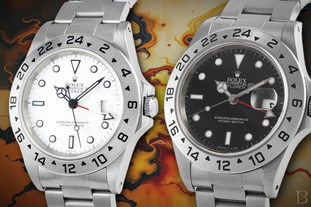 The hollow endlinks on both of these examples of the Rolex Explorer II ref. 16570 means they were made before 2000.