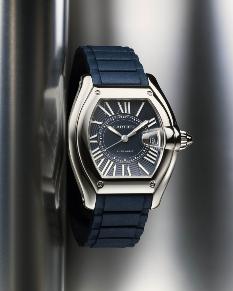 Large model 2026 Cartier Roadster watch with the dark blue PVD dial and rubber strap
